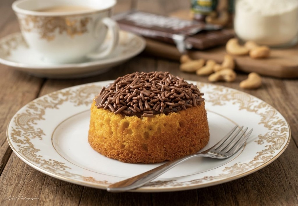 Mini bolo de cenoura com cobertura de chocolate e granulado, em prato de porcelana com detalhes dourados.